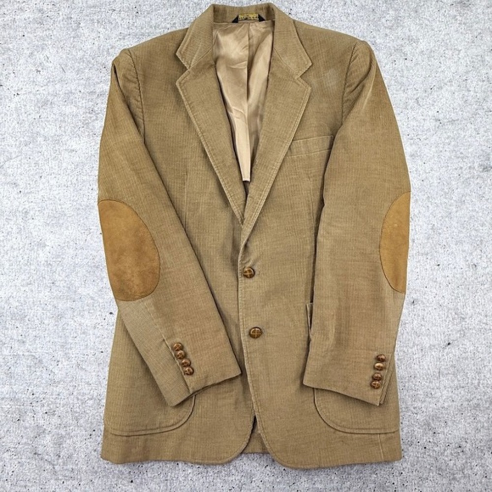Vintage The Gallery Haggar Tan Corduroy Elbow Patch Blazer Size 40 Made in USA